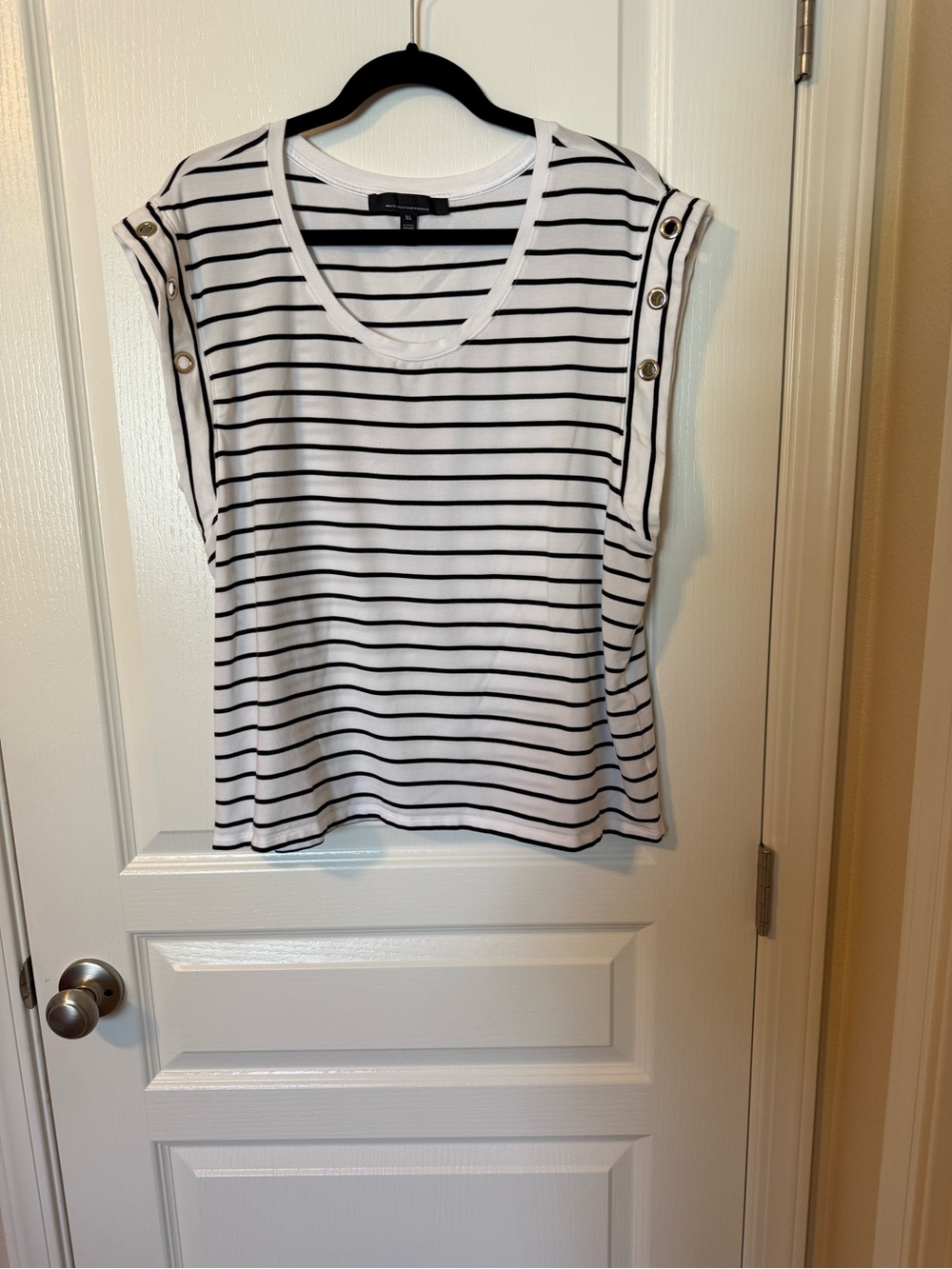 White House Black Market White and Black Striped Sleeveless Top with Button Trim